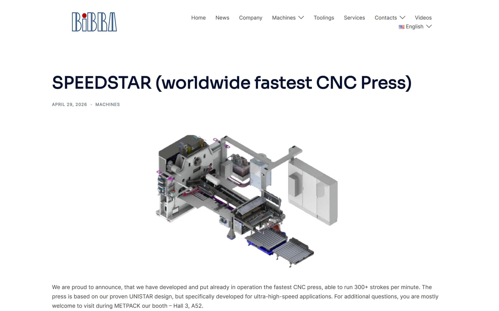 Страницата на пресата SPEEDSTAR на bibra.com с модел на машината
